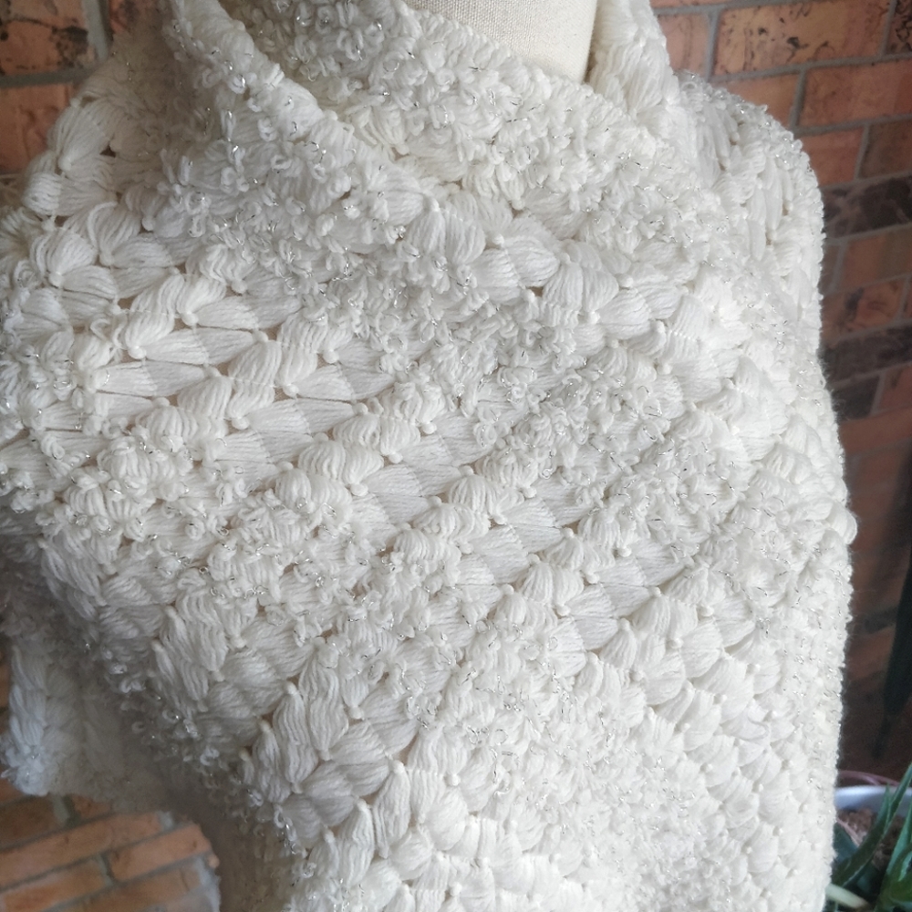 Knitted White Wide Scarf, Silver Shimmer, Tassels - Picture 2 of 6